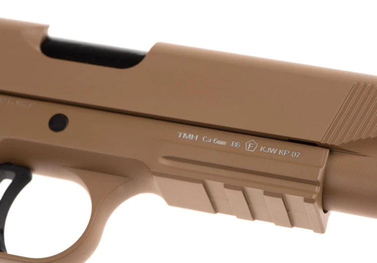 Replika KJ Works M1911 MEU TBC Full Metal GBB Tan oznaczenia