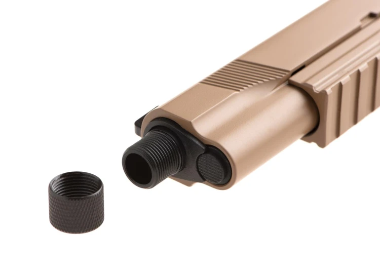 Replika KJ Works M1911 MEU TBC Full Metal Co2 Tan front i gwint lufy